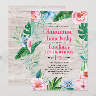 Hawaiian Luau Party Tropical Floral Wood Birthday Invitation