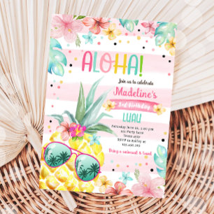 Hawaiian Luau Pineapple Tropical Girl Birthday Invitation