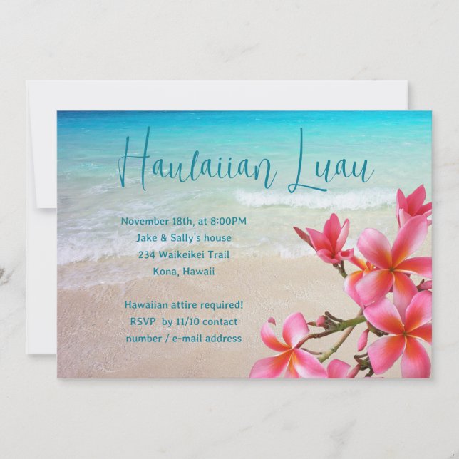 Hawaiian Luau Pink Plumeria Party Invitations (Front)