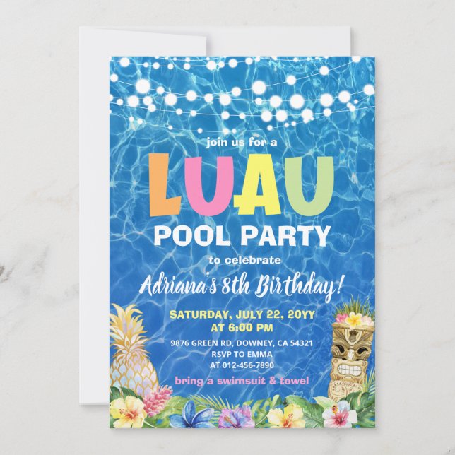 Hawaiian Luau Pool Party Anniversaire Invitation (Devant)