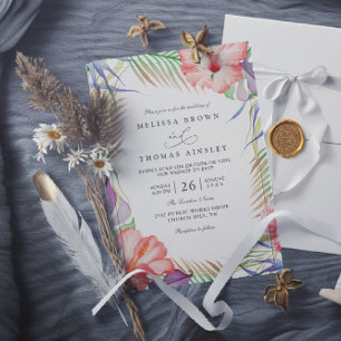 Hawaiian Luau Tropical Floral QR Code Wedding Invitation