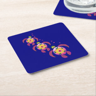 Hawaiian Ohana Honu Sea Turtles Square Paper Coaster