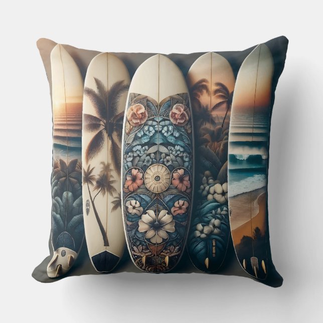 Hawaiian Painted Surfboards Throw Pillow (Front)