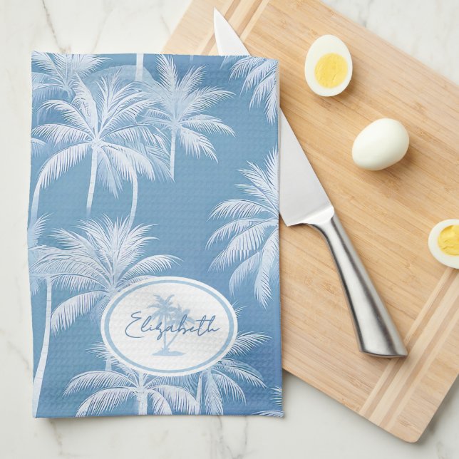 Hawaiian Palm Tree Silhouette Pattern Blue ID1093 Kitchen Towel (Quarter Fold)