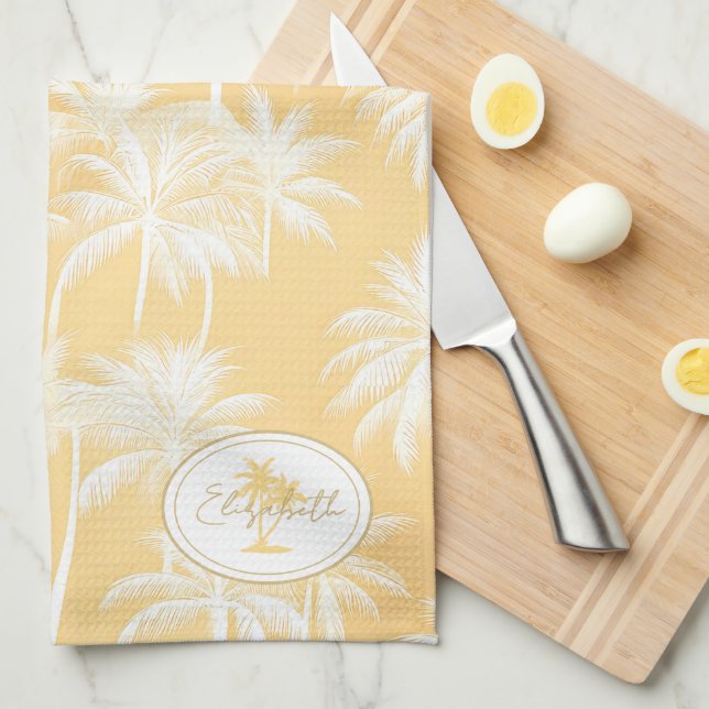 Hawaiian Palm Tree Silhouette Pattern Gold ID1093 Kitchen Towel (Quarter Fold)