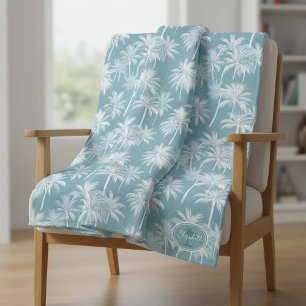 Hawaiian Palm Tree Silhouette Pattern Teal ID1093 Fleece Blanket