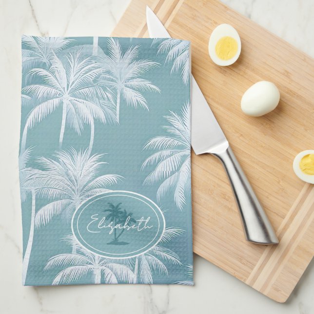 Hawaiian Palm Tree Silhouette Pattern Teal ID1093 Kitchen Towel (Quarter Fold)