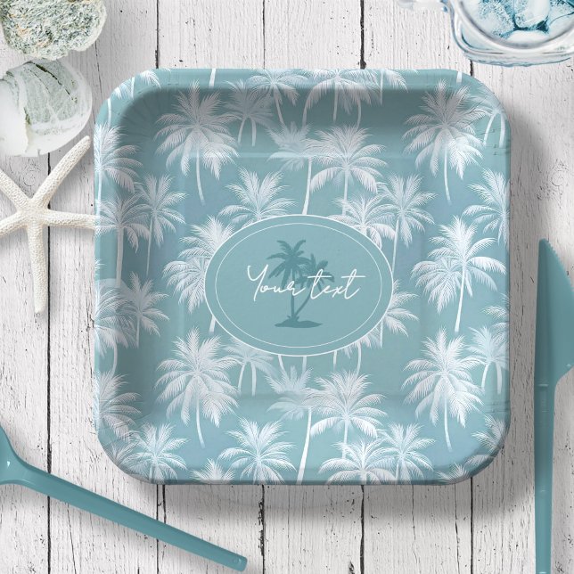 Hawaiian Palm Tree Silhouette Pattern Teal ID1093 Paper Plate (Creator Uploaded)