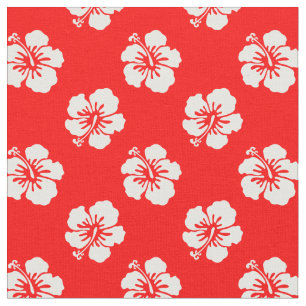 Hawaiian Pattern Hibiscus Red and White Fabric