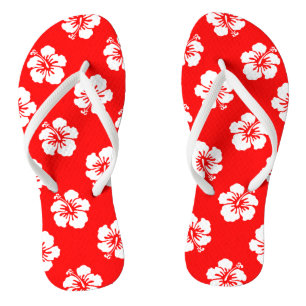 Hawaiian Pattern Hibiscus Red and White Flip Flops