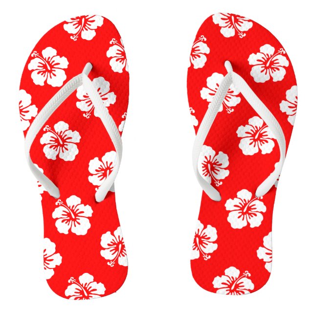 Hawaiian Pattern Hibiscus Red and White Flip Flops (Footbed)