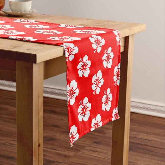 Hawaiian Pattern Hibiscus Red and White Short Table Runner (In Situ)