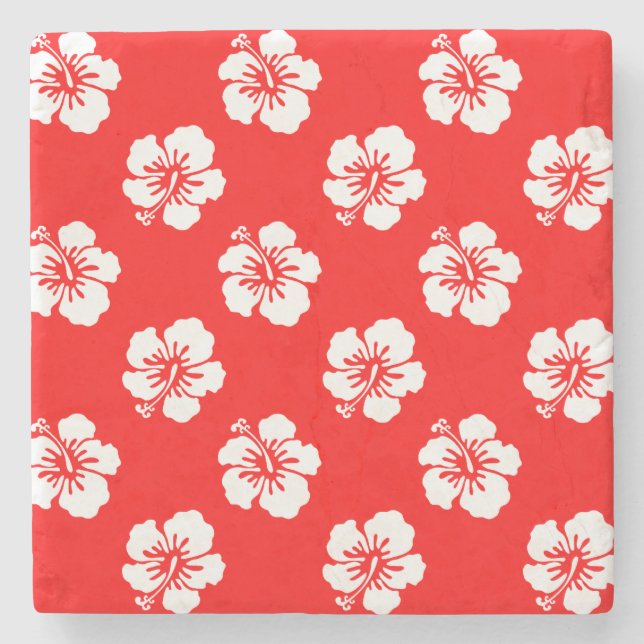 Hawaiian Pattern Hibiscus Red and White Stone Coaster (Front)