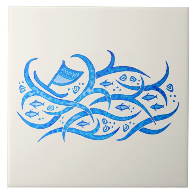 Hawaiian petroglyph Canoe at Sea Ceramic Tile (Front)