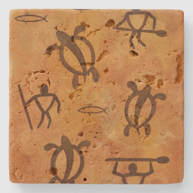 Hawaiian Petroglyph Warrior n Honu Stone Coaster (Front)