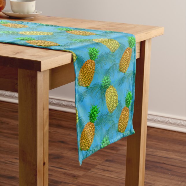 Hawaiian Pineapple Navy Blue Long Table Runner (In Situ)
