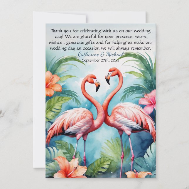 Hawaiian Pink Flamingo Hibiscus Wedding Thank You Card (Front)