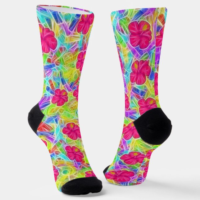 Hawaiian Pink Flowers Socks (Angled)