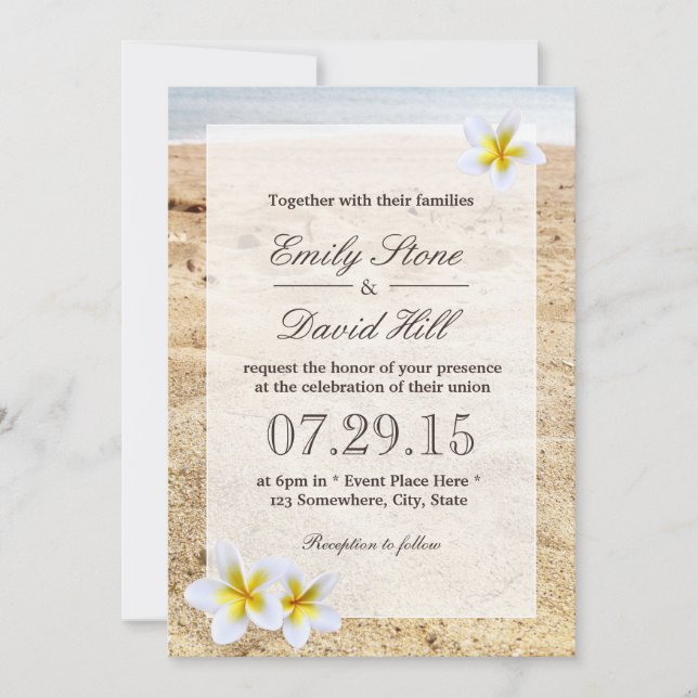 Hawaiian Plumeria Flowers Beach Wedding Invitation (Front)