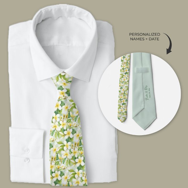 Hawaiian Plumeria Flowers Personalized Tie (Personalized wedding ties - Hawaiian Plumeria flowers)