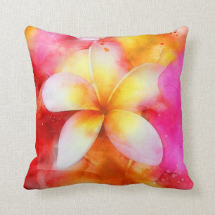 Hawaiian Plumeria in Neon Pink, Yellow, and White Throw Pillow