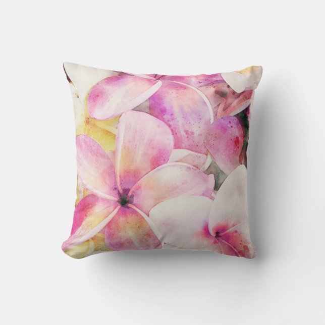 Hawaiian Plumeria in Pink, Yellow, and White Throw Pillow (Front)