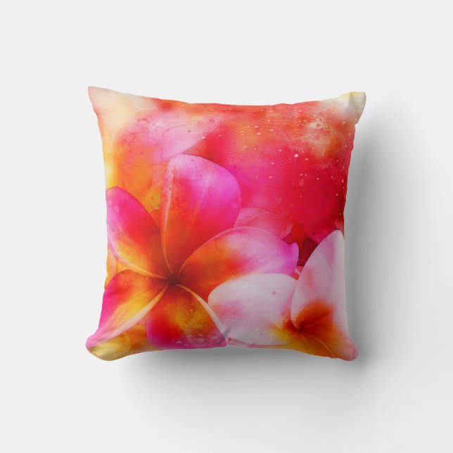 Hawaiian Plumeria in Pink, Yellow, Orange, White Throw Pillow (Front)
