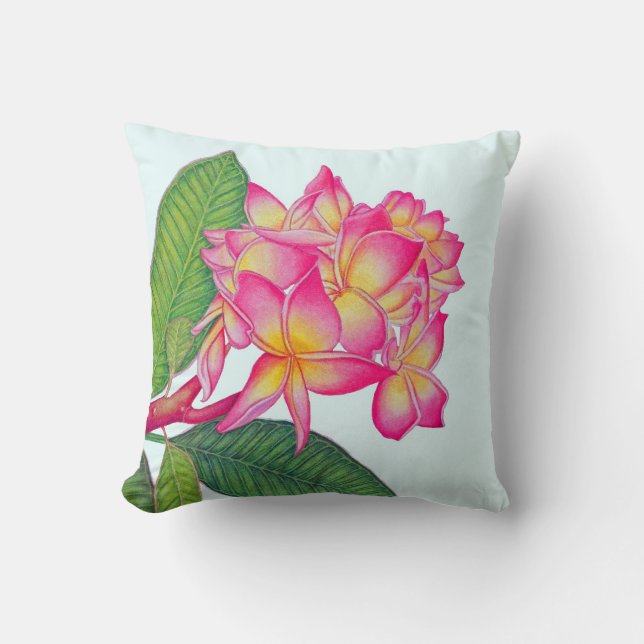 Hawaiian Plumeria Watercolor Throw Pillow (Front)