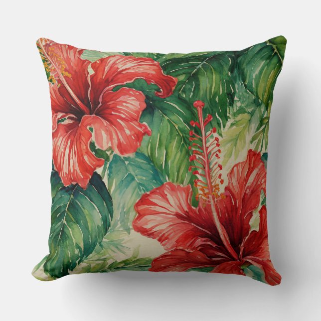 Hawaiian print hibiscus pattern throw pillow (Front)