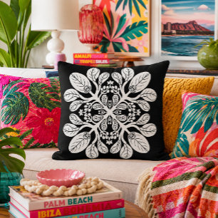 Hawaiian Quilt Naupaka design White Throw Pillow