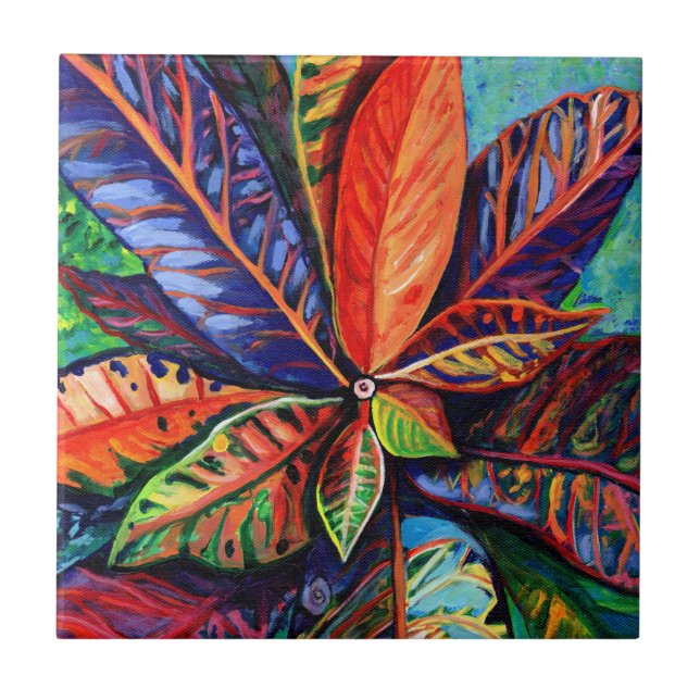 Hawaiian Rainbow Coloured Croton Plant Ceramic Til Tile (Front)