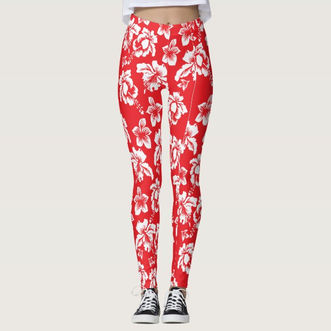 Hawaiian Red Hibiscus Floral Print Leggings (Front)