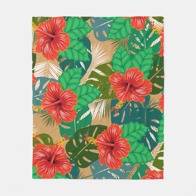 Hawaiian Red Hibiscus Island Plants Fleece Blanket (Front)