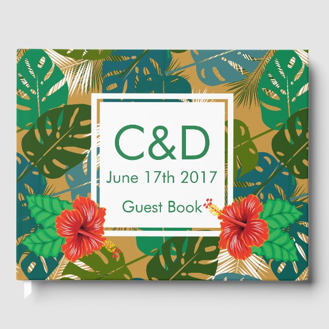 Hawaiian Red Hibiscus Luau Bride & Groom Initials Guest Book (Front)