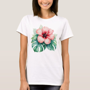 Hawaiian Red Hibiscus with Monstera Hawaii Love T-Shirt