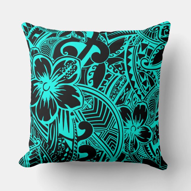 Hawaiian - Samoan - Polynesian Teal Tribal Threads Throw Pillow (Front)