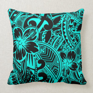 Hawaiian - Samoan - Polynesian Teal Tribal Threads Throw Pillow
