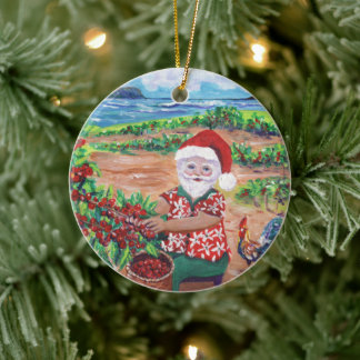 Hawaiian Santa Claus and Coffee Mele Kalikimaka Ceramic Ornament