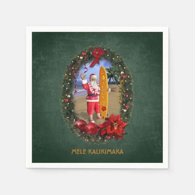 Hawaiian Santa with Surfboard at the Beach Napkin (Front)