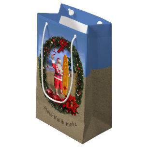 Hawaiian Santa with Surfboard at the Beach Small Gift Bag