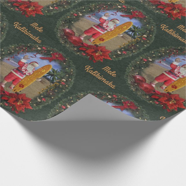 Hawaiian Santa with Surfboard Wrapping Paper (Corner)