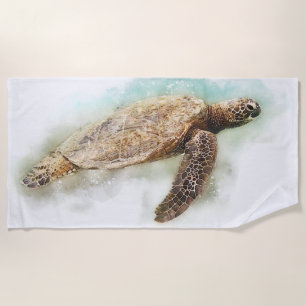 Hawaiian Sea Turtle Realistic Watercolor Beach Towel