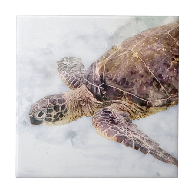 Hawaiian Sea Turtle Realistic Watercolor Tile (Front)