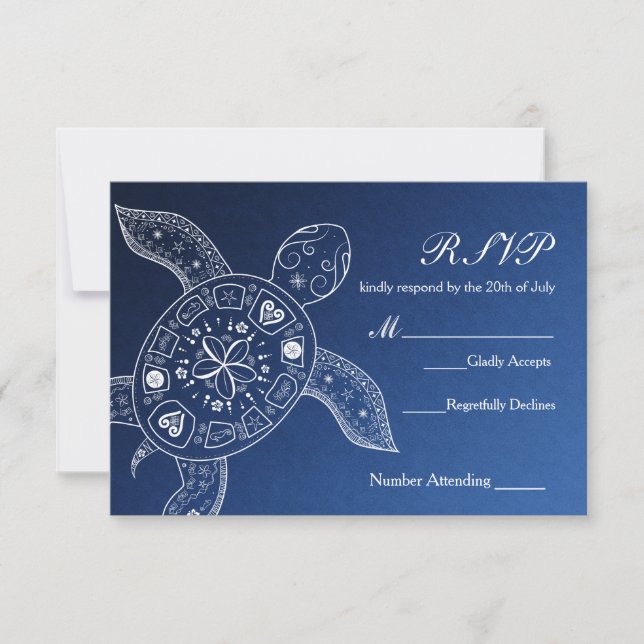 Hawaiian Sea Turtle White Blue Beach Wedding RSVP Card (Front)