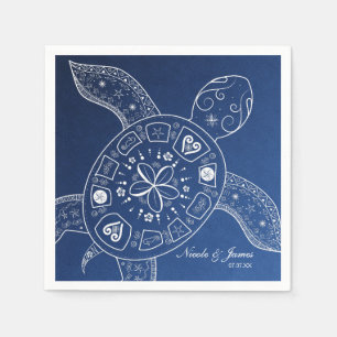 Hawaiian Sea Turtle White on Blue Beach Wedding Napkin