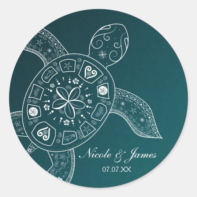 Hawaiian Sea Turtle White on Teal Beach Wedding Classic Round Sticker (Front)