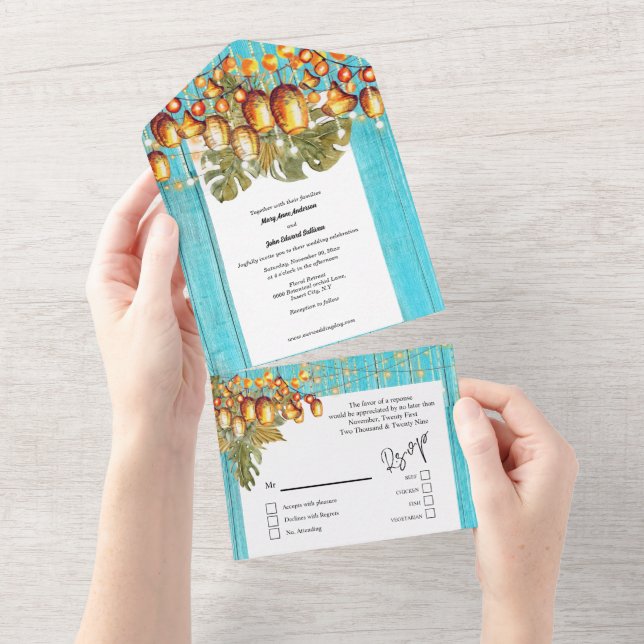 Hawaiian sky lanterns boho wood tropical blue all in one invitation (Tearaway)