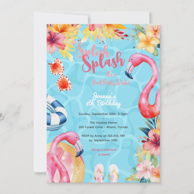 Hawaiian splish splash summer pool birthday party invitation (Front)