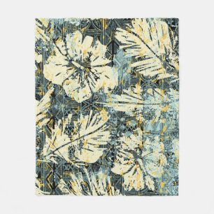 Hawaiian style hibiscus fabric with tribal backgro fleece blanket