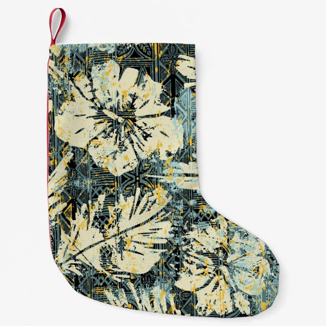 Hawaiian style hibiscus fabric with tribal backgro small christmas stocking (Front)